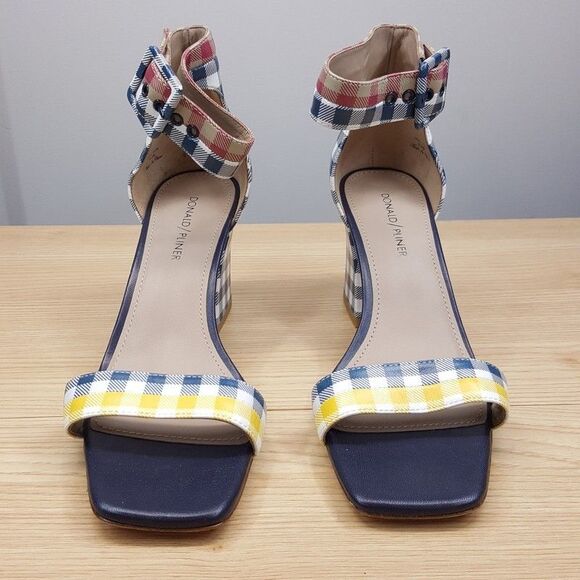 DONALD PLINER Heels Womens Size 9.5 Blue Gingham Ankle Strap Open Toe WATSON - Picture 2 of 9